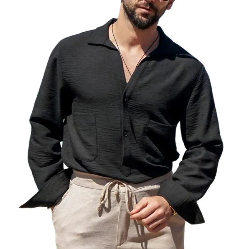 Men's Solid Color Textured Lapel Waist Pocket Long Sleeve Shirt 28878789Z sold by Manly