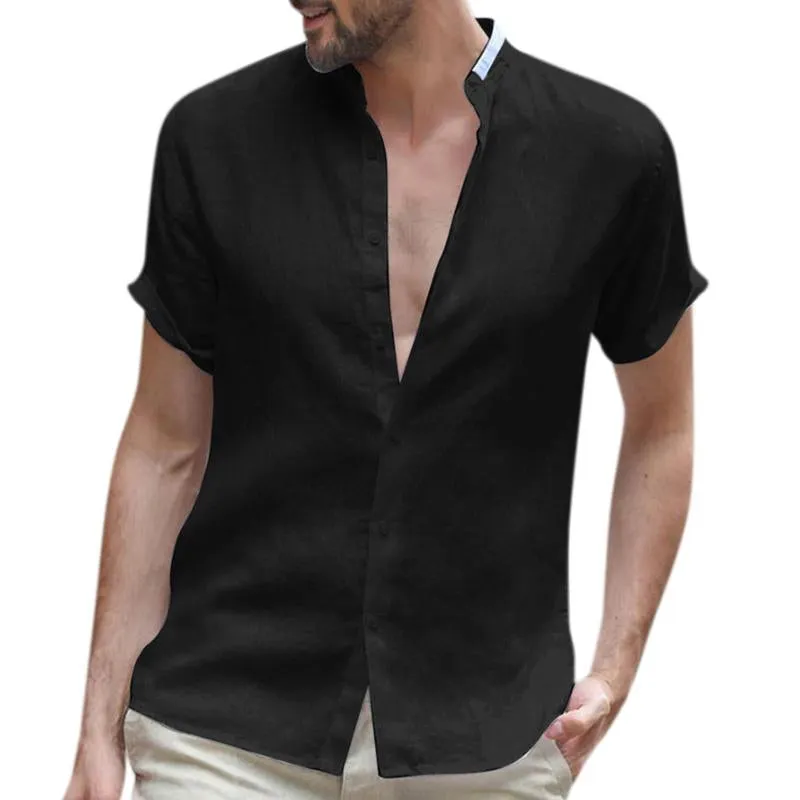 Men's Casual Solid Color Stand Collar Short Sleeve Cotton Linen Shirt 27295364M sold by Manly product image thumbnail 3