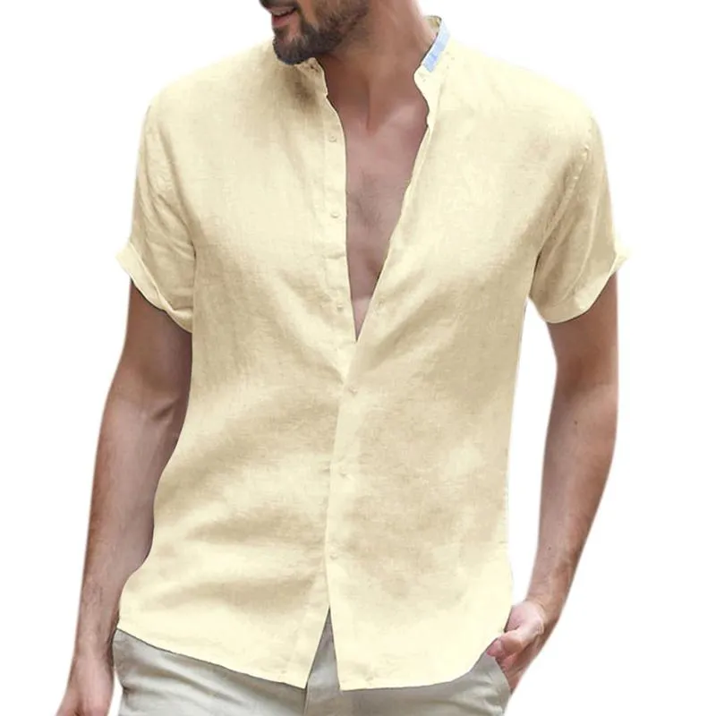 Men's Casual Solid Color Stand Collar Short Sleeve Cotton Linen Shirt 27295364M sold by Manly product image thumbnail 2