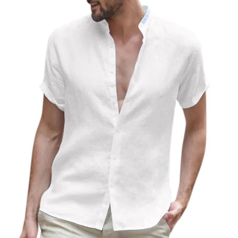 Men's Casual Solid Color Stand Collar Short Sleeve Cotton Linen Shirt 27295364M sold by Manly