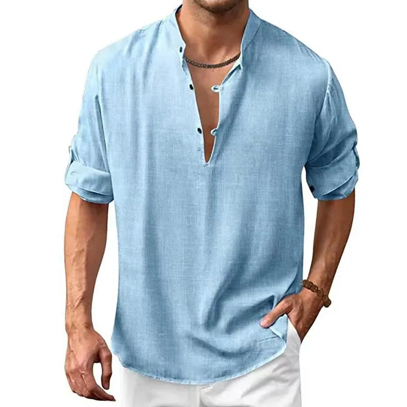 Men's Casual Solid Color Stand Collar Button Long Sleeve Shirt 97174588M sold by Manly