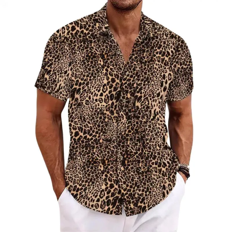Men's Vacation Leopard Print Chest Pocket Short Sleeve Shirt 06146081Y sold by Manly