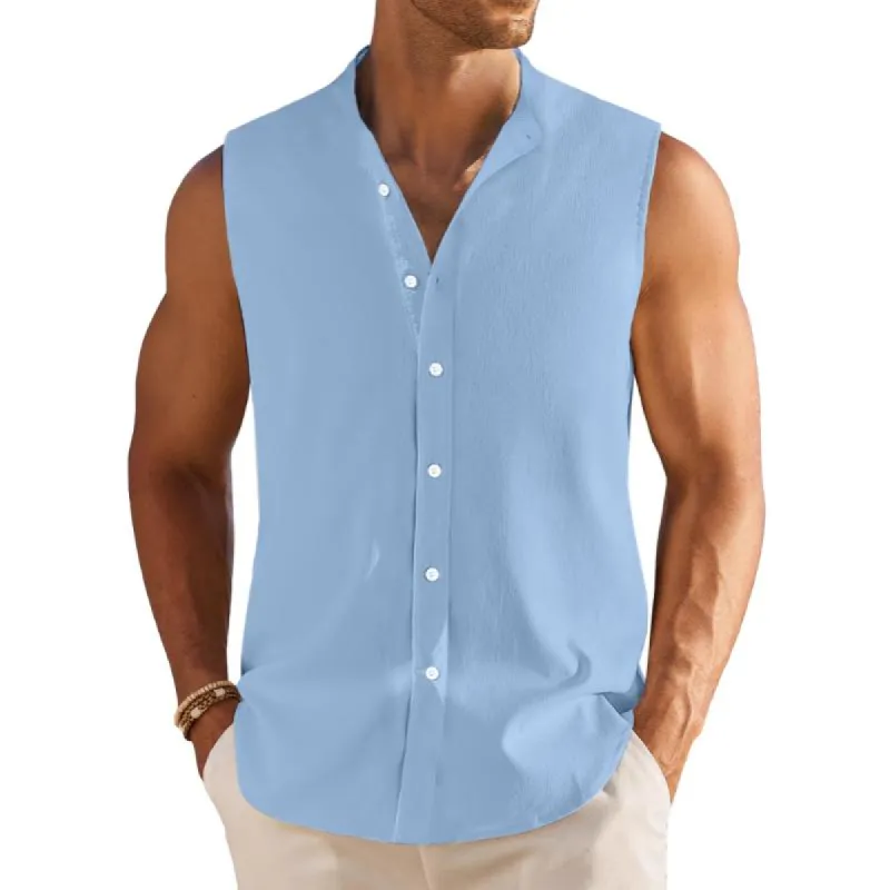 Men's Casual Cotton Linen Stand Collar Solid Color Sleeveless Shirt 99536124M sold by Manly