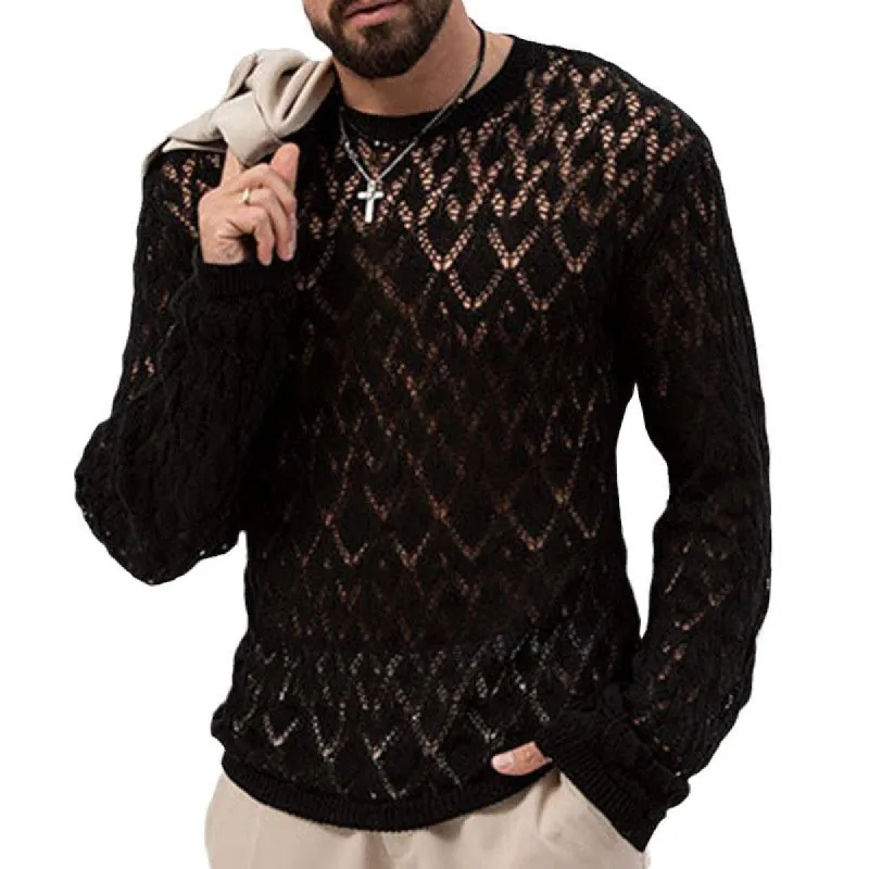 Men's Solid Color Sexy Hollow Thin Knitted Pullover Sweater 14026485M sold by Manly
