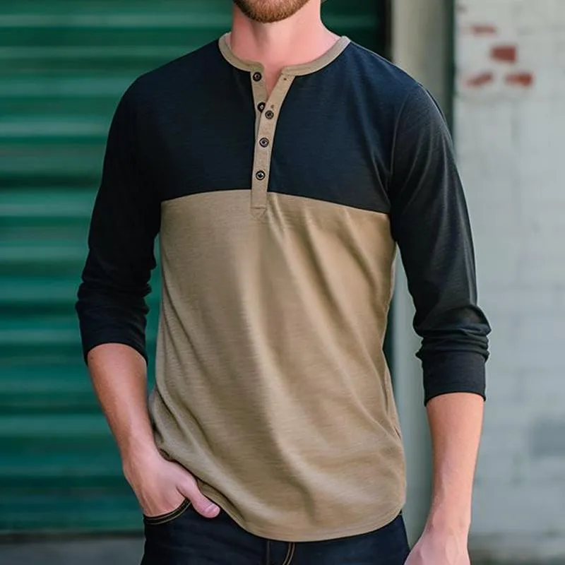 Men's Color Block Henley Collar Long Sleeve T-shirt 18586802Z sold by Manly product image thumbnail 2