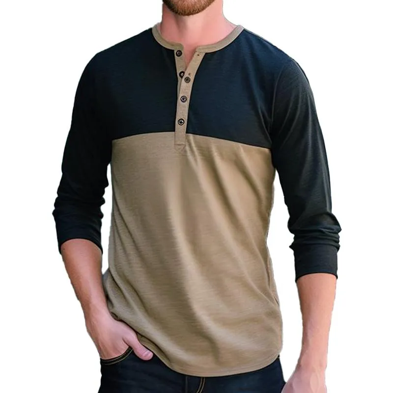 Men's Color Block Henley Collar Long Sleeve T-shirt 18586802Z sold by Manly