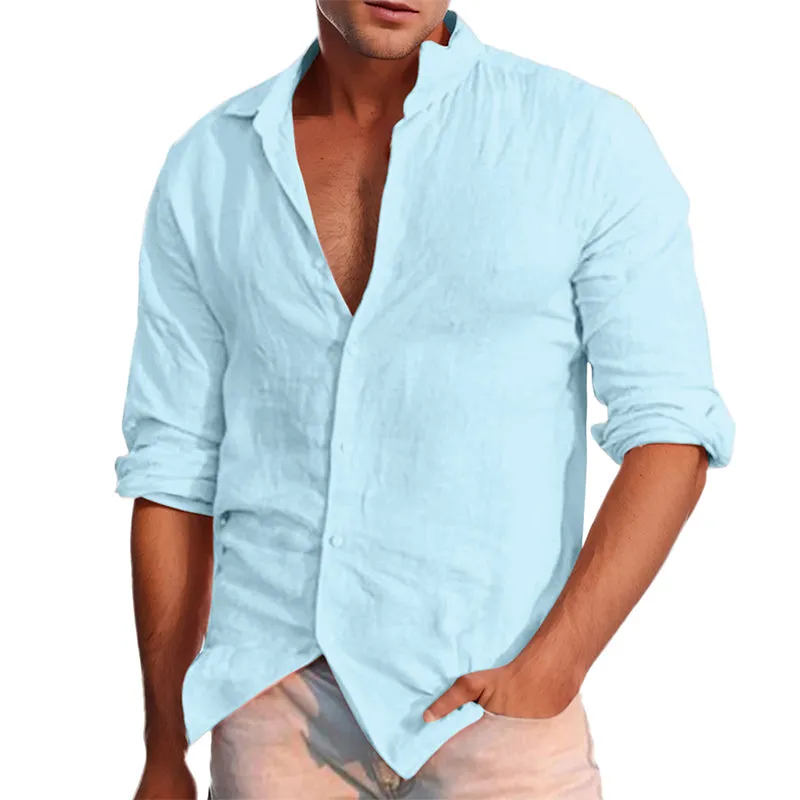 Men's Casual Lapel Solid Color Cotton Linen Long Sleeve Shirt 99494500M sold by Manly product image thumbnail 4