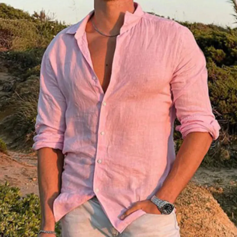 Men's Casual Lapel Solid Color Cotton Linen Long Sleeve Shirt 99494500M sold by Manly product image thumbnail 3