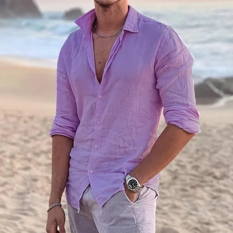 Men's Casual Lapel Solid Color Cotton Linen Long Sleeve Shirt 99494500M sold by Manly product image thumbnail 2