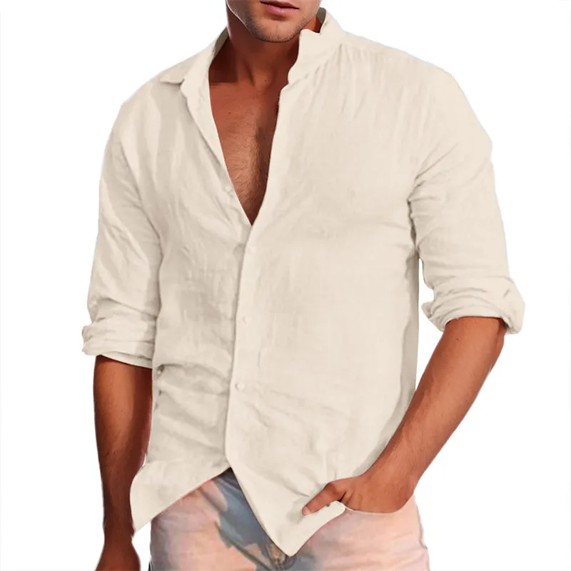 Men's Casual Lapel Solid Color Cotton Linen Long Sleeve Shirt 99494500M sold by Manly product image thumbnail 5