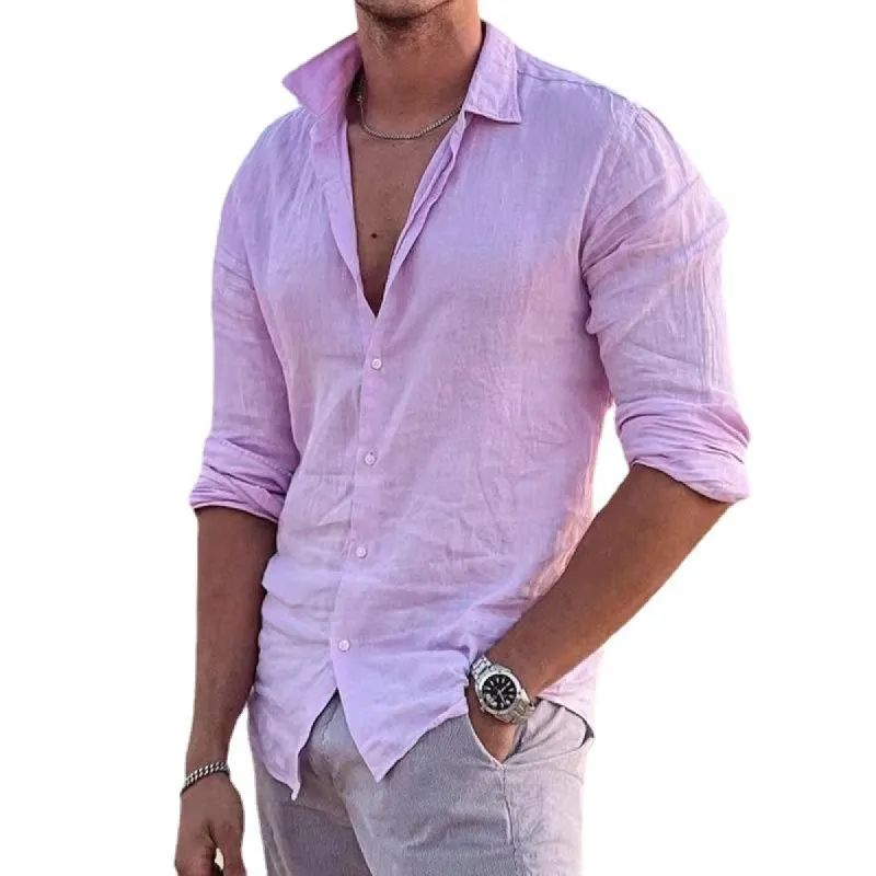 Men's Casual Lapel Solid Color Cotton Linen Long Sleeve Shirt 99494500M sold by Manly