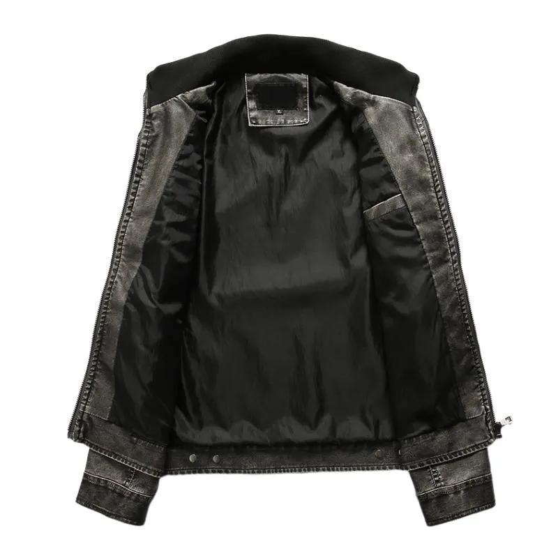 Men's Vintage Stand Collar Multi-Pocket Zippered Leather Motorcycle Jacket 41400561M sold by Manly product image thumbnail 5