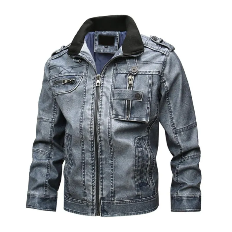 Men's Vintage Stand Collar Multi-Pocket Zippered Leather Motorcycle Jacket 41400561M sold by Manly