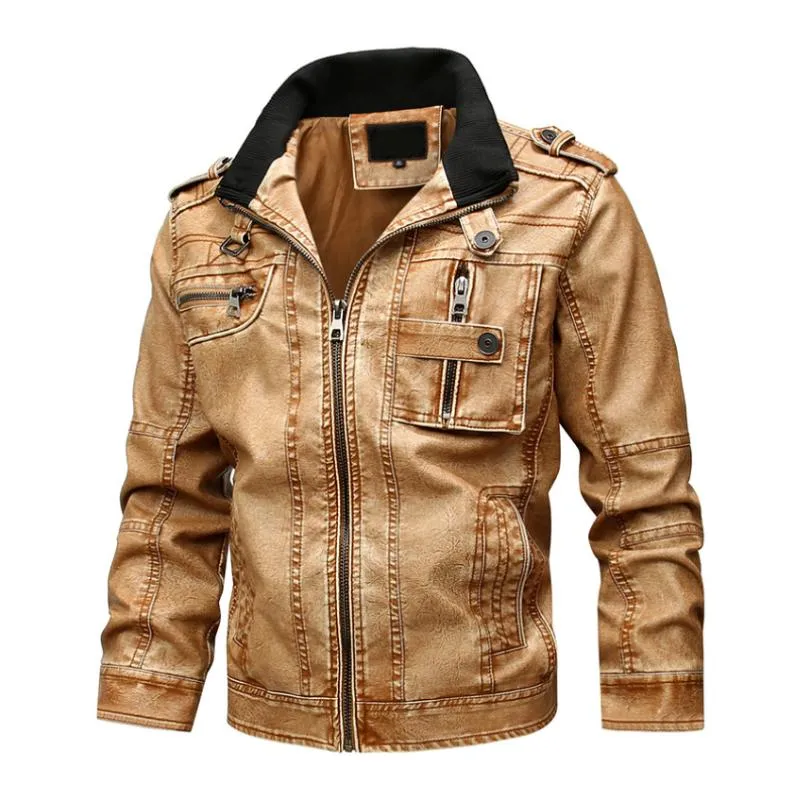 Men's Vintage Stand Collar Multi-Pocket Zippered Leather Motorcycle Jacket 41400561M sold by Manly product image thumbnail 2
