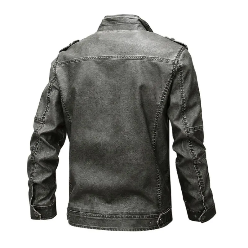 Men's Vintage Stand Collar Multi-Pocket Zippered Leather Motorcycle Jacket 41400561M sold by Manly product image thumbnail 4