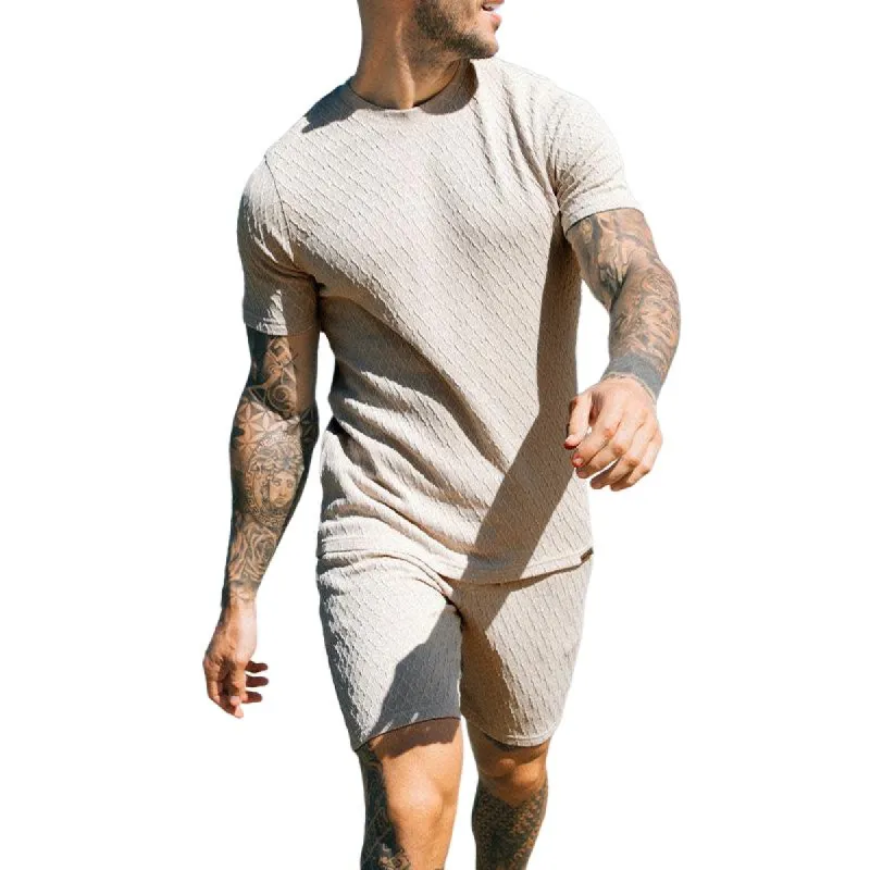 Men's Casual Sports Solid Color Pleated Short-Sleeved T-Shirt Shorts Set 73648645Y sold by Manly