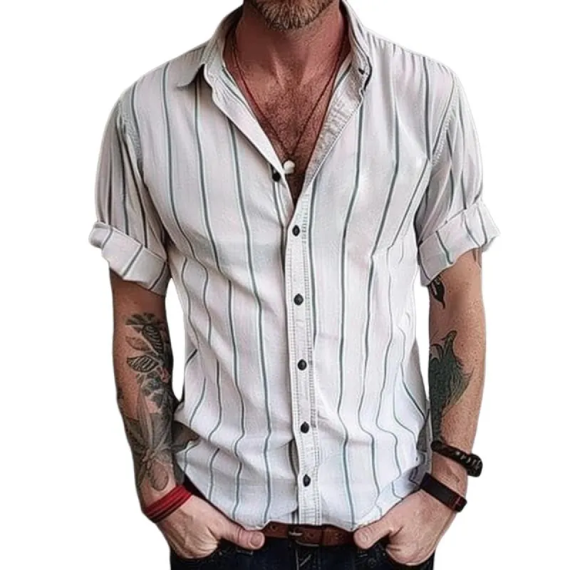 Men's Casual Striped Lapel Short Sleeve Shirt 65089700TO sold by Manly
