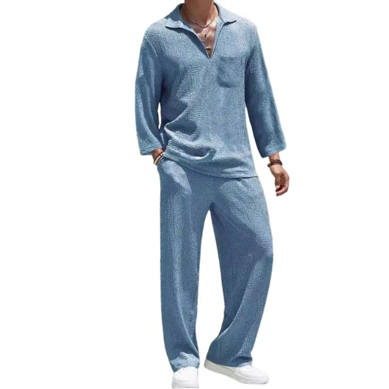 Men's Casual Lapel Patch Pocket Long Sleeve Pullover Shirt Loose Pants Set 89240206M sold by Manly