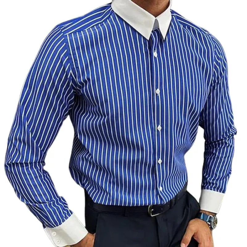 Men's Striped Colorblock Lapel Long Sleeve Casual Shirt 92383317Z sold by Manly