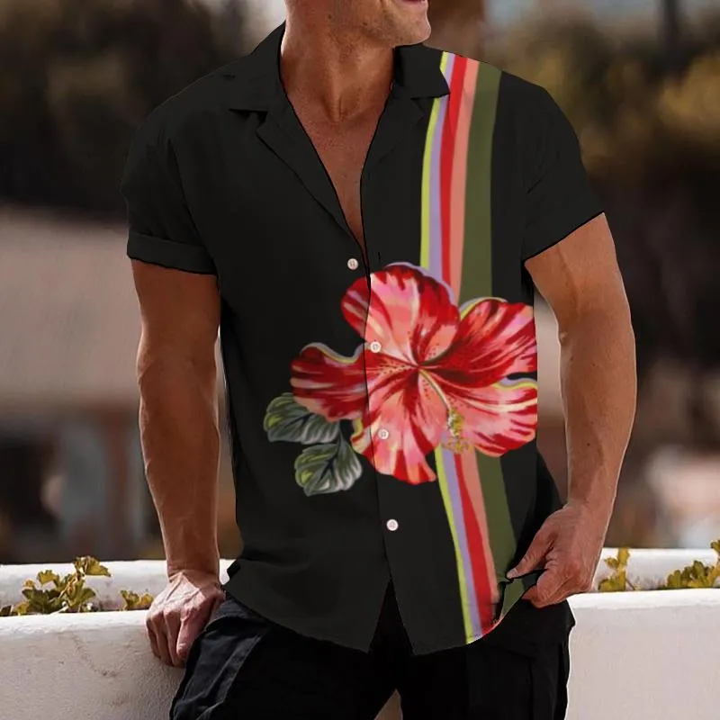 Men's Vintage Striped Large Floral Lapel Short-sleeved Shirt 47457253TO sold by Manly product image thumbnail 2