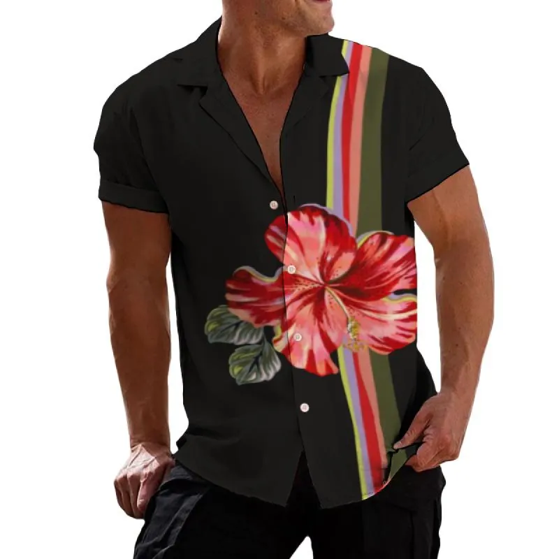 Men's Vintage Striped Large Floral Lapel Short-sleeved Shirt 47457253TO sold by Manly