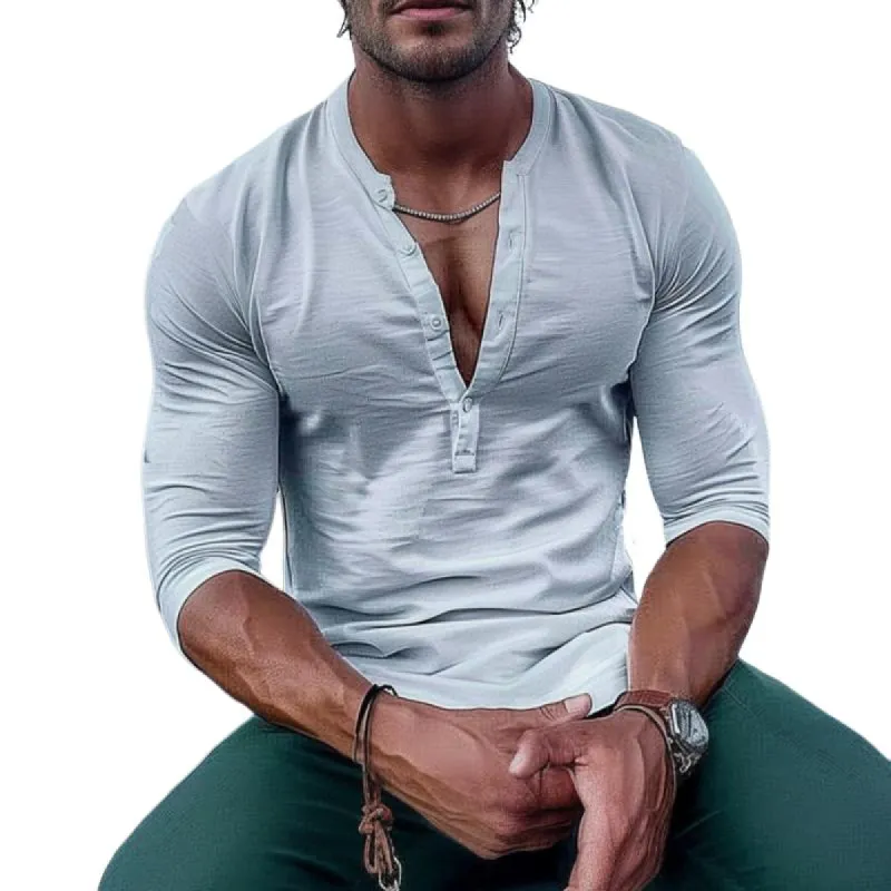 Men's Casual Solid Color Henley Neck Long Sleeve T-Shirt 01048533TO sold by Manly