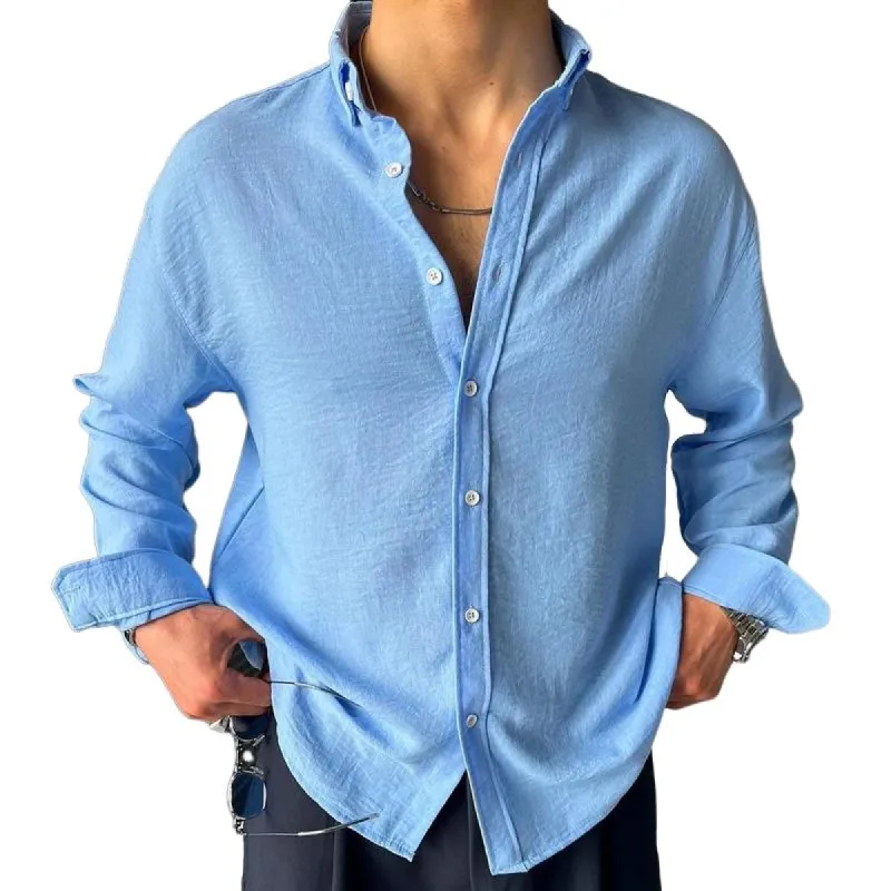 Men's Solid Cotton And Linen Lapel Long Sleeve Shirt 50260265Z sold by Manly