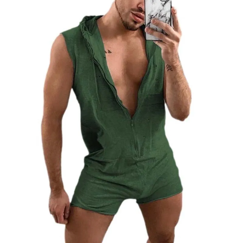 Men's Solid Color Hooded Sleeveless Shorts Jumpsuit 04216608Y sold by Manly