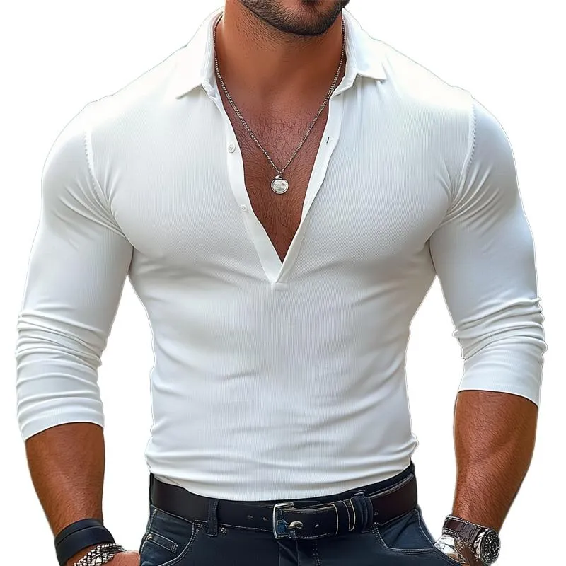 Men's Solid Color Thin Striped Lapel Long Sleeve Polo Shirt 74065666Z sold by Manly