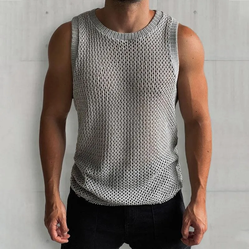 Men's Solid Color Round Neck Sleeveless Hollow Knit Vest 38942658X sold by Manly product image thumbnail 5