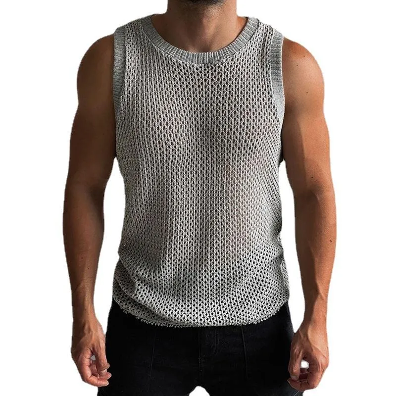 Men's Solid Color Round Neck Sleeveless Hollow Knit Vest 38942658X sold by Manly