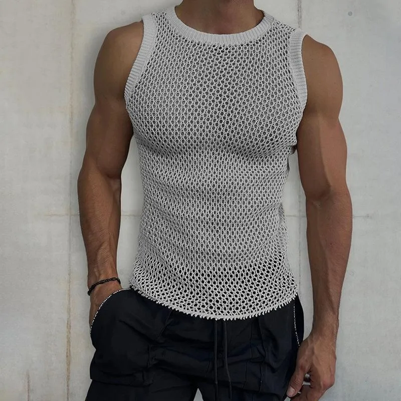 Men's Solid Color Round Neck Sleeveless Hollow Knit Vest 38942658X sold by Manly product image thumbnail 4