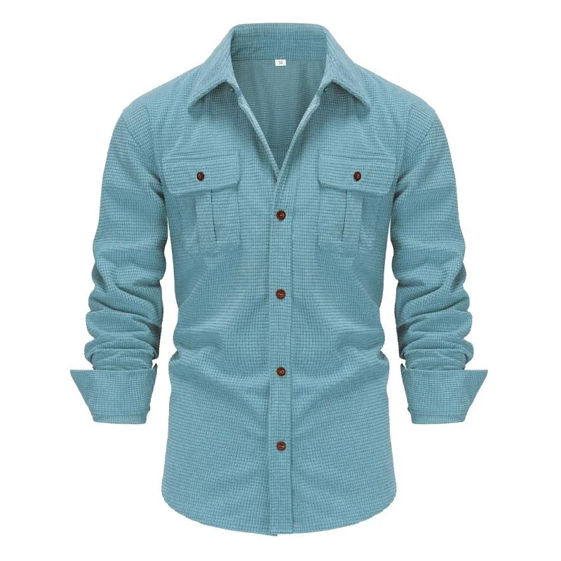 Men's Retro Solid Color Long-sleeved Plaid Texture Corduroy Lapel Shirt 35399036X sold by Manly product image thumbnail 3