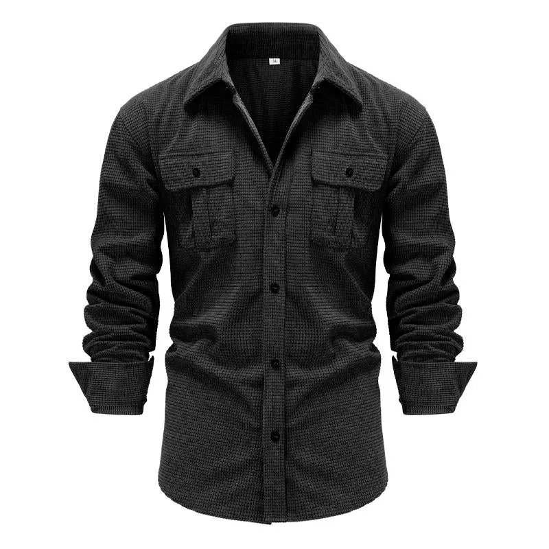 Men's Retro Solid Color Long-sleeved Plaid Texture Corduroy Lapel Shirt 35399036X sold by Manly product image thumbnail 2