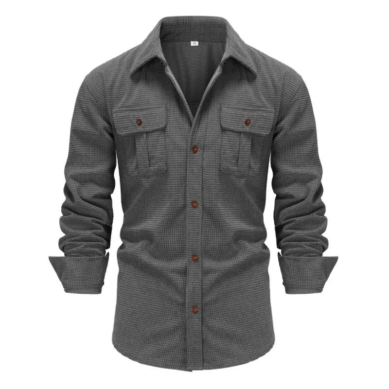 Men's Retro Solid Color Long-sleeved Plaid Texture Corduroy Lapel Shirt 35399036X sold by Manly