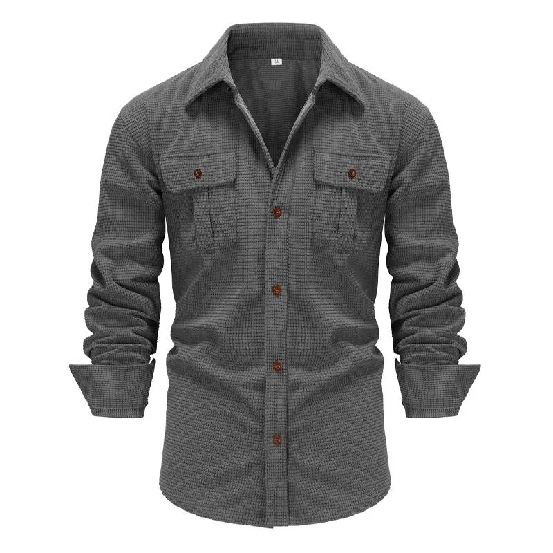 Men's Retro Solid Color Long-sleeved Plaid Texture Corduroy Lapel Shirt 35399036X sold by Manly