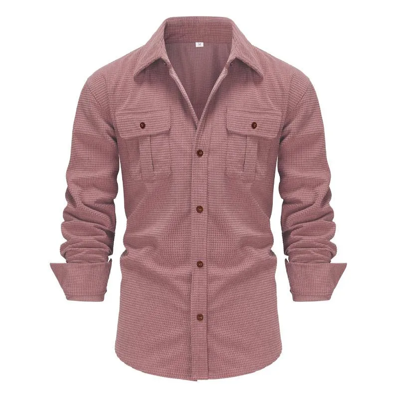 Men's Retro Solid Color Long-sleeved Plaid Texture Corduroy Lapel Shirt 35399036X sold by Manly product image thumbnail 5