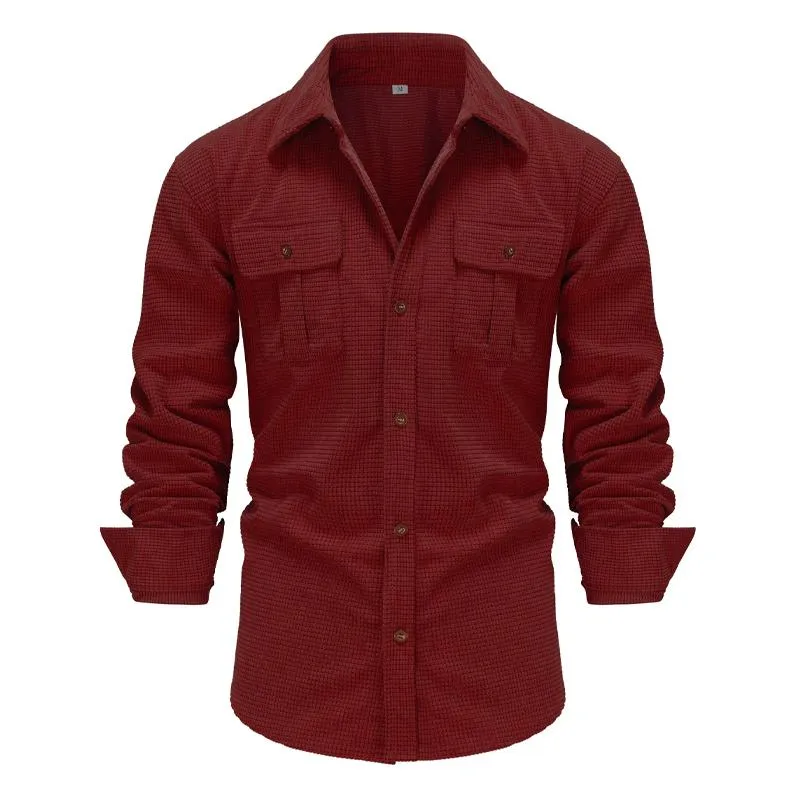 Men's Retro Solid Color Long-sleeved Plaid Texture Corduroy Lapel Shirt 35399036X sold by Manly product image thumbnail 4