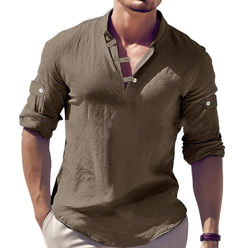 Men's Casual Solid Color Henley Collar Long Sleeve Shirt 81357283M sold by Manly