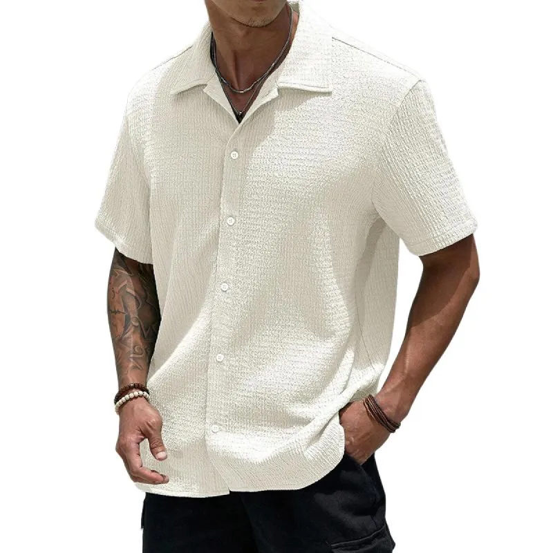 Men's Casual Solid Color Pleated Lapel Slim Fit Short Sleeve Shirt 30281622M sold by Manly