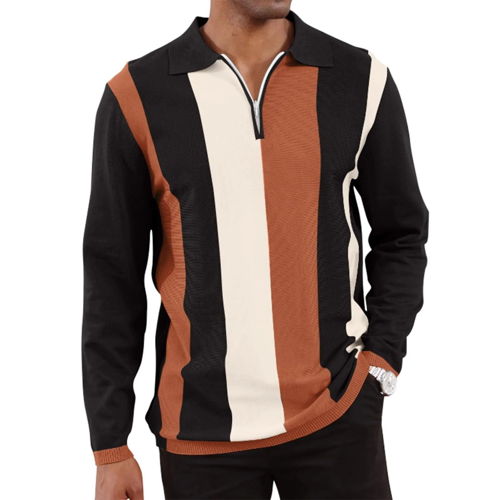 Men's Striped Lapel Long Sleeve Polo Shirt 60333407Z sold by Manly