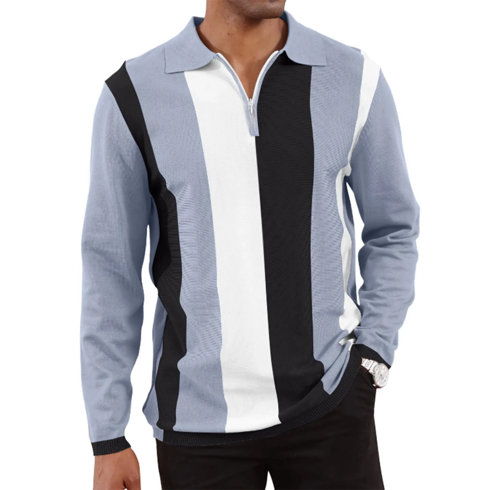 Men's Striped Lapel Long Sleeve Polo Shirt 60333407Z sold by Manly product image thumbnail 4