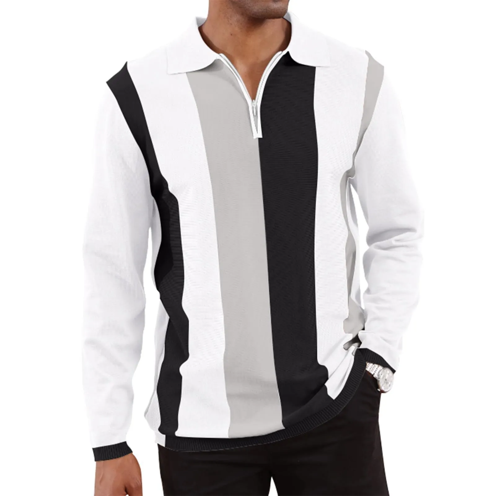 Men's Striped Lapel Long Sleeve Polo Shirt 60333407Z sold by Manly product image thumbnail 3