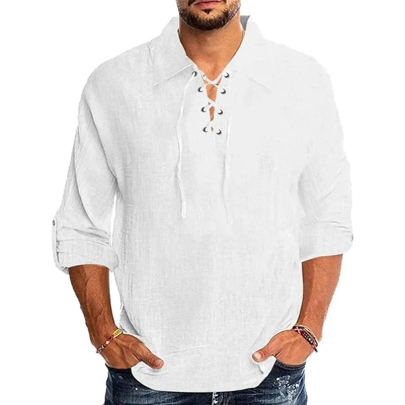 Men's Solid Cotton And Linen Lapel Lace-up Long Sleeve Shirt 32912493Z sold by Manly