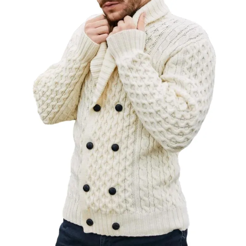 Men's Solid Lapel Double Breasted Cable  Knit Cardigan 17421212Z sold by Manly