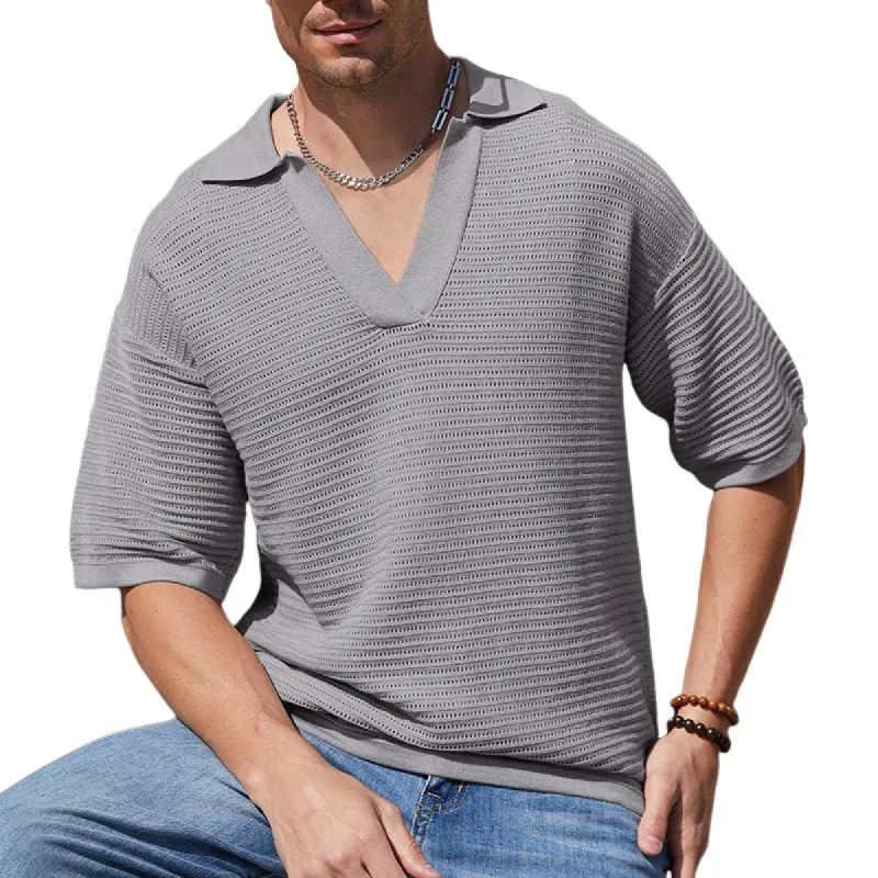 Men's Solid Knit Loose Lapel Short Sleeve Polo Shirt 21748940Z sold by Manly