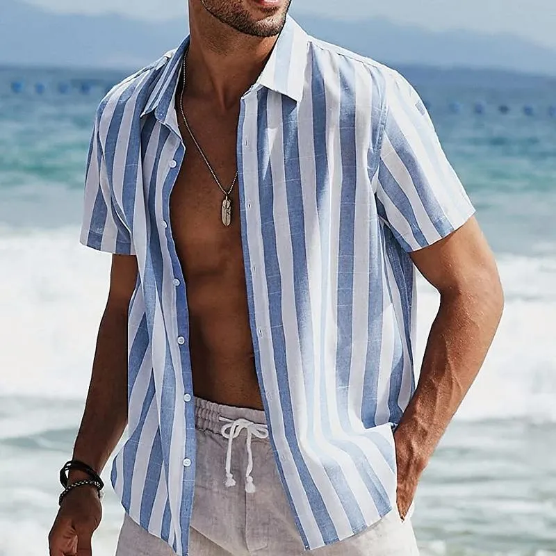 Men's Cotton and Linen Striped Short-sleeved Lapel Shirt 89949899X sold by Manly product image thumbnail 2