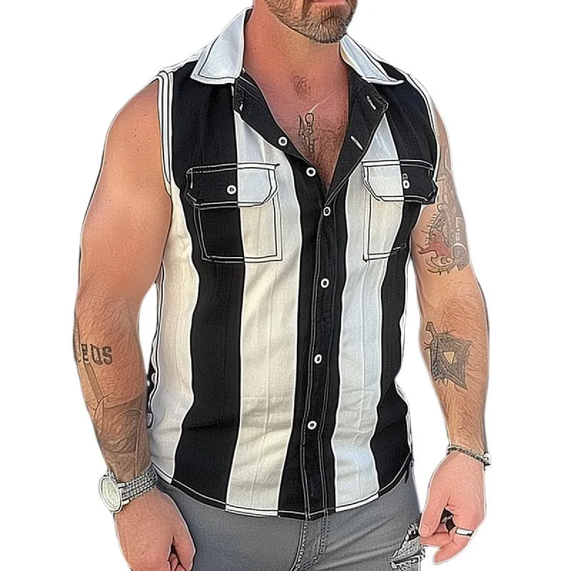 Men's Colorblock Double Chest Pocket Lapel Sleeveless Shirt 56857397Y sold by Manly