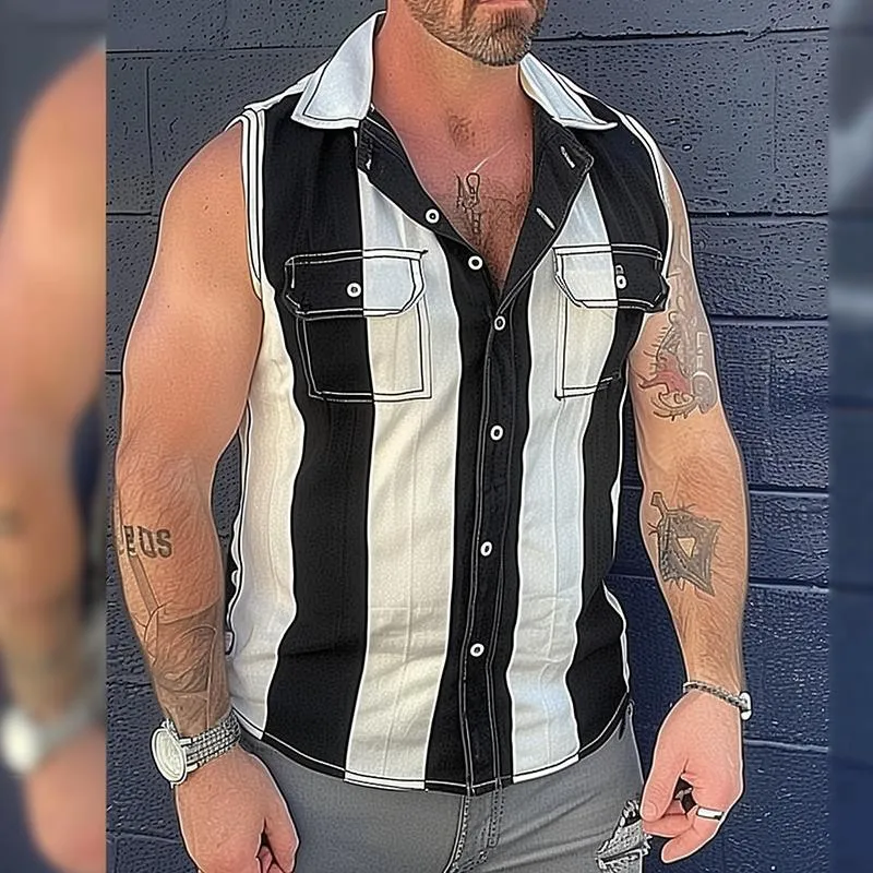 Men's Colorblock Double Chest Pocket Lapel Sleeveless Shirt 56857397Y sold by Manly product image thumbnail 3