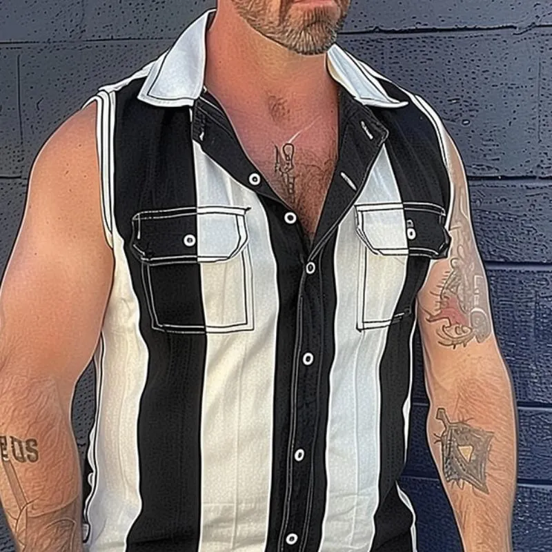 Men's Colorblock Double Chest Pocket Lapel Sleeveless Shirt 56857397Y sold by Manly product image thumbnail 2